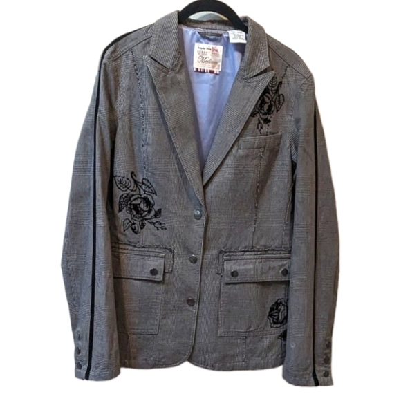 Triple Five Soul Jackets & Blazers - TRIPLE Five Soul Gray Houndstooth Plaid Floral Longline Women's Jacket (M)